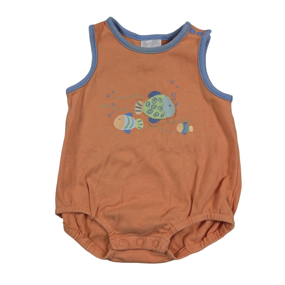 Vintage Carters Baby Fish Embroidered Sleeveless Romper Orange Blue 3-6M